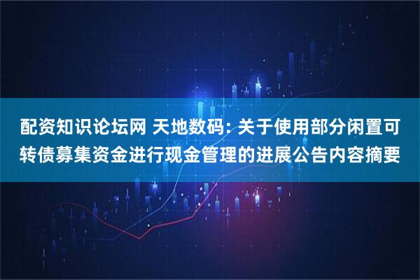 配资知识论坛网 天地数码: 关于使用部分闲置可转债募集资金进行现金管理的进展公告内容摘要